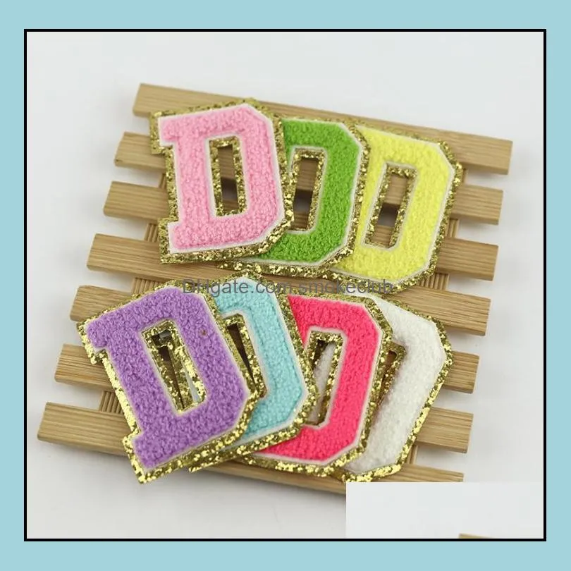 Mix Color Chenille Fabric Gold Glitter Letters Patches Towel Embroidery Rainbow Gritt Alphabet Iron on Lovely Sticker Name Clothing DIY Accessory