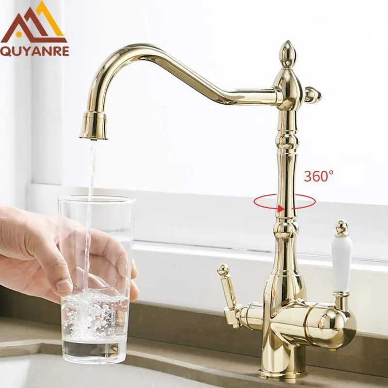 quyanre golden chrome Filter Kitchen Faucets Deck Mounted Torneira Cozinha Mixer Tap Cold and hot Water Purification Crane For Kitchen