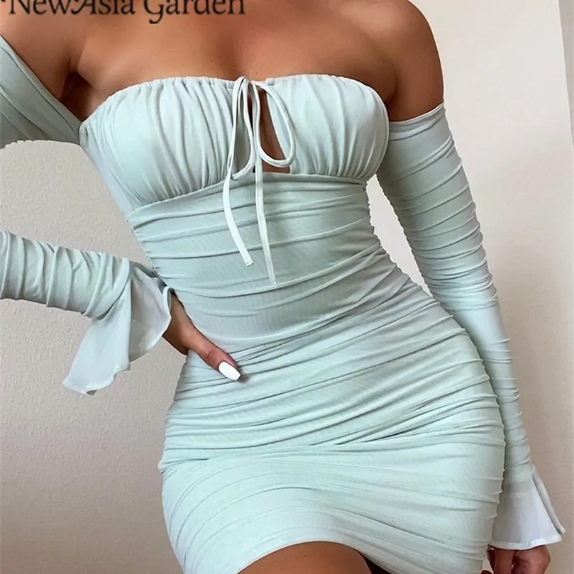 Asia Off Shoulder Mesh Dress Fall Cut out Tie up Ruched Flare Sleeve 2 Layer Elastic Slim Fit Mini Dress Woman Sexy Vestidos 220511