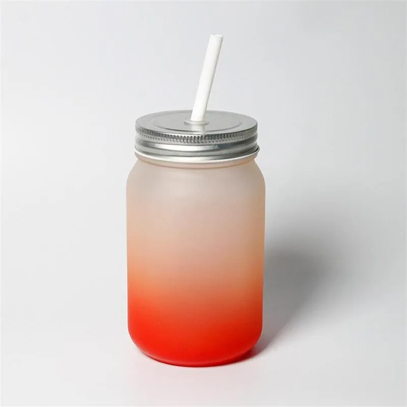 14oz Sublimation Gradient color tumblers Frosted glass mason jar blank Glasses tumbler with handle screw lid 