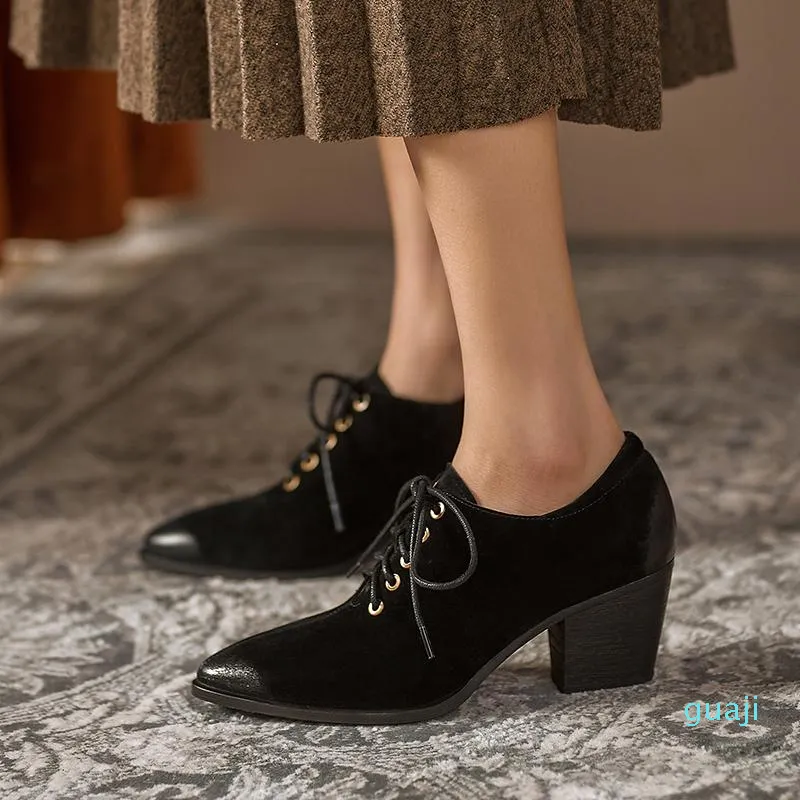 Elbise Ayakkabı Marka Moda Yüksek Topuklu Hakiki Deri Basit Lace Up Sivri Burun Ofisi Siyah Pompalar