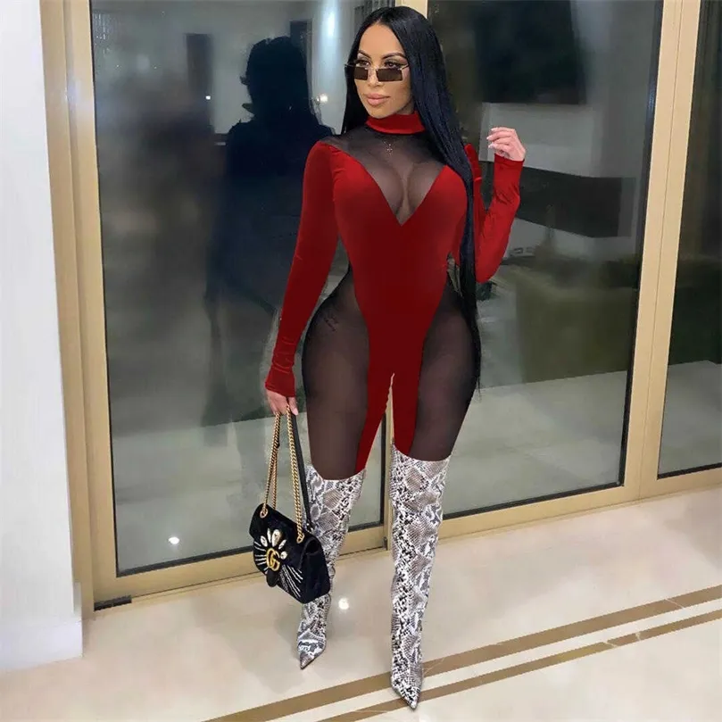 Black Red Pink Mesh Velvet Patchwork Skinny Rompers Women Jumpsuit Sexy See Through Night Club Bodycon Wild Bodystocking Rompers 210709