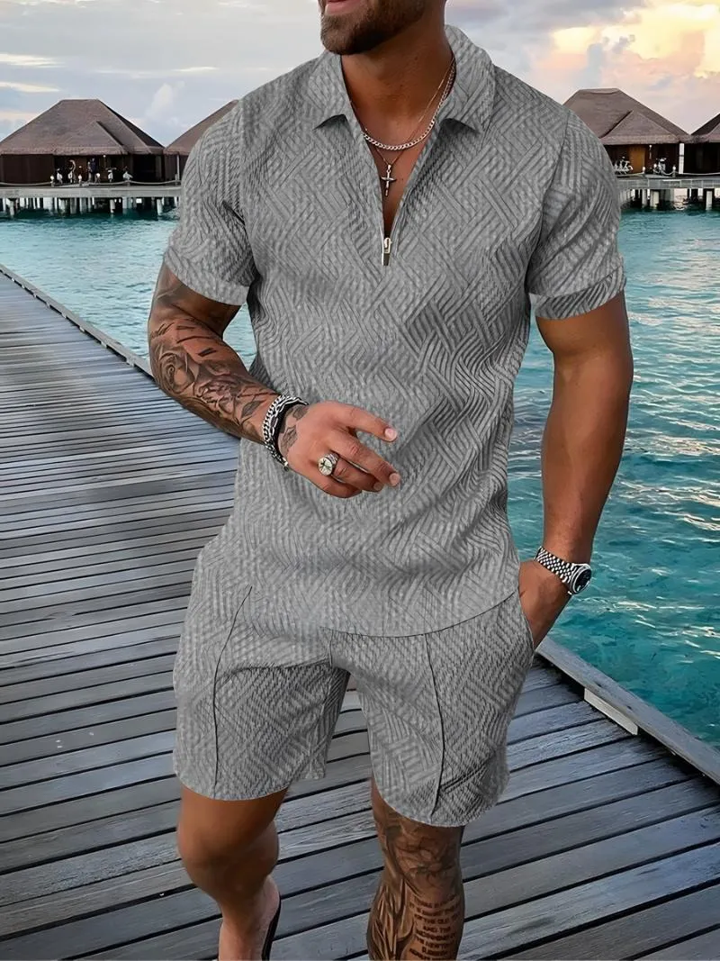 남성용 폴로 유럽과 미국 남성 여름 격자 무늬 셔츠 셔츠 정장 거리 지퍼 지퍼 짧은 슬라이드 티셔츠 반바지 2 피스 세트 맨스 나