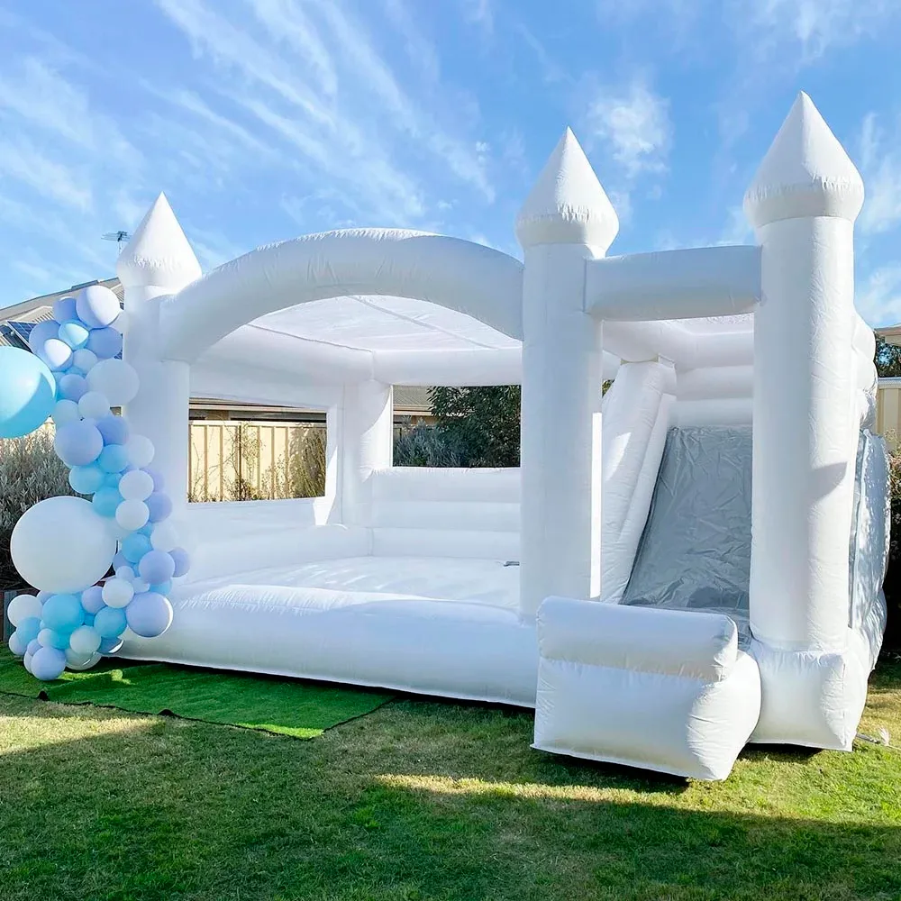 Commercial White Wedding Bounce House With Turret Top Inflatable Bouncy Castle Slide Combo Jumping Bouncer For Kids And Adults