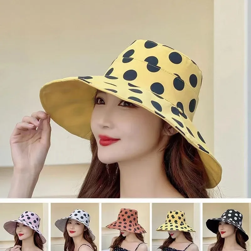 Frauen Sommer Faltbare Baumwolle Große Krempe Sonnenhut Fischer Reise Strand Polka Dots Doppelseitige Sonnencreme UV Sport Angeln Kappe