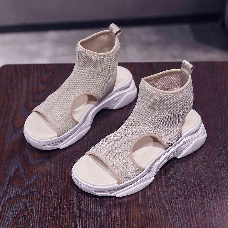 Sandaler 2022 Summer Socks Shoes Women's Thick Sole Casual Fashion Knit Short Boots Botas de Mujer Hollow Out Design 220427