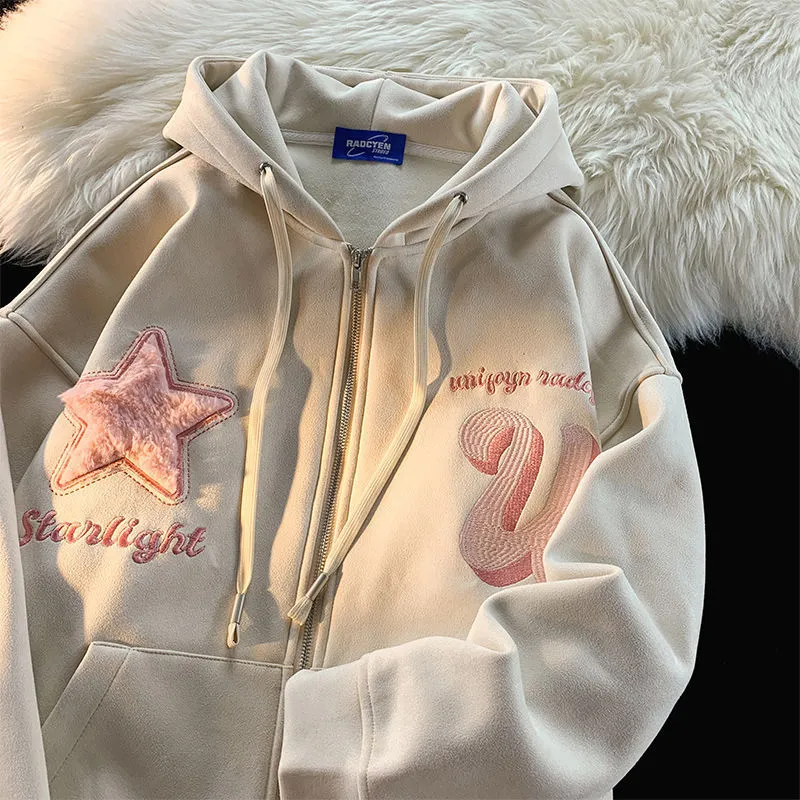 Women's Hoodies Sweatshirts Letter Embroidery Zip Up Hoodie Fashion High Street Hip Hop Star Flocking Women Clothing Loose Sweatshirt Clothes Tops 230206