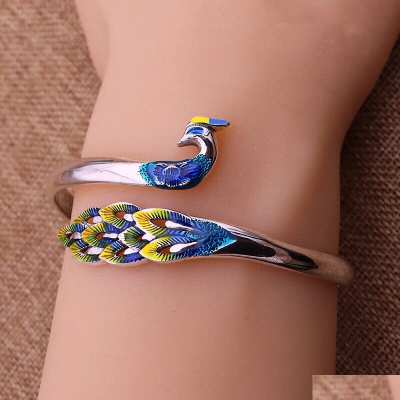 fashion jewelry women opening colorful peacock glaze enamel female bangle bracelet