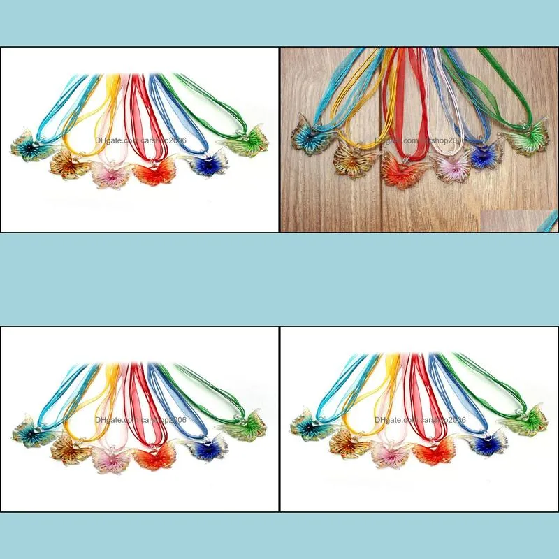 wholesale 6pcs butterfly lampwork glass pendants rope & silk necklace bohemia women`s jewelry
