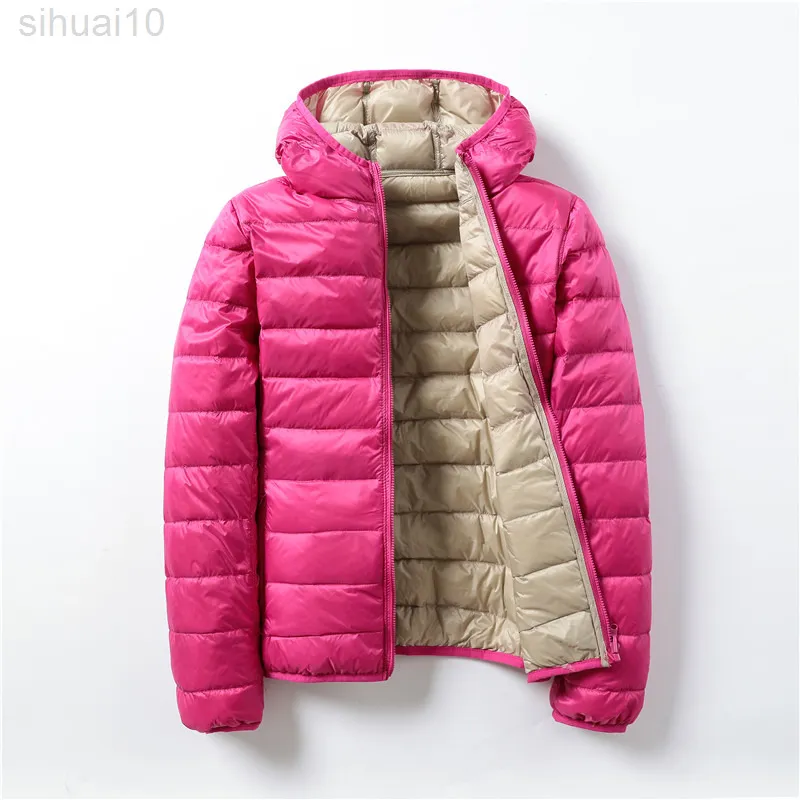 Women 90% White Duck Down Jacket Double sided Autumn Female Ultra Light Down Jackets Solid Long Sleeve Hooded Parkas Candy Color L220730