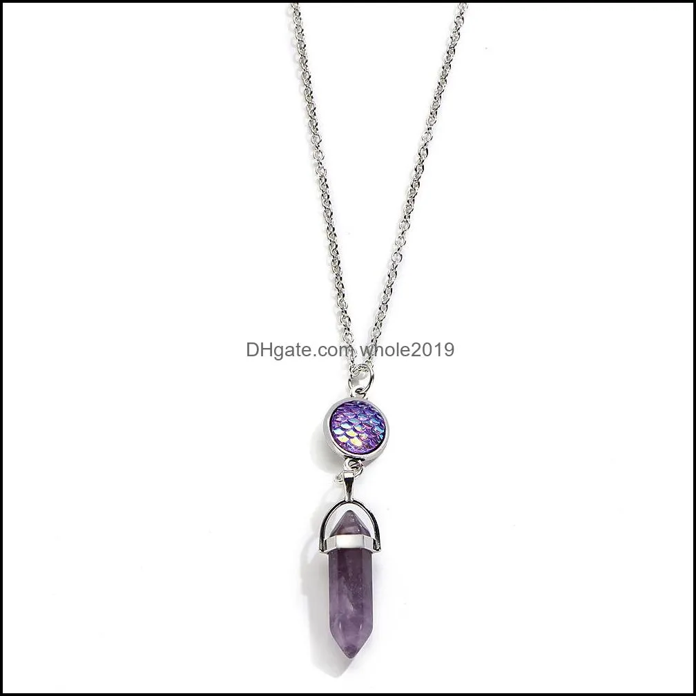 hexagonal prism crystal pink purple quartz natural stone pendant chakra fish scale druzy drusy necklace for women jewelry