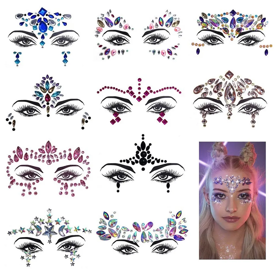 Outras maquiagem 3d sexy tatuagem adesivos Temporárias tatuagens glitter falsificar tatuagem strass para mulher festa cara jóias tatoo olhos adesivo atacado a granel