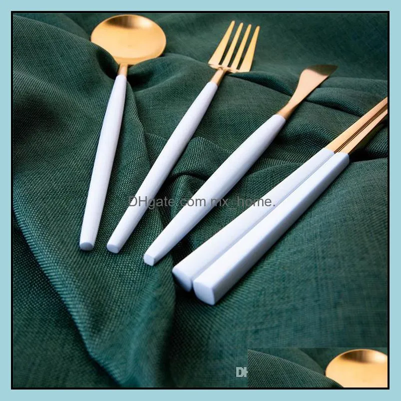 Wedding Spoon Fork Knife Gold Silver 18/8 Stainless Steel Flatware Dinnerware Tableware Cutlery Handle White