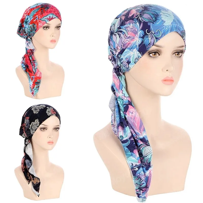 Women Printed Pre-tie Cap Headscarf Elastic Muslim Female Turban Cancer Chemo Hat Hair Loss Cover Head Wrap Headwear Stretch Bandana