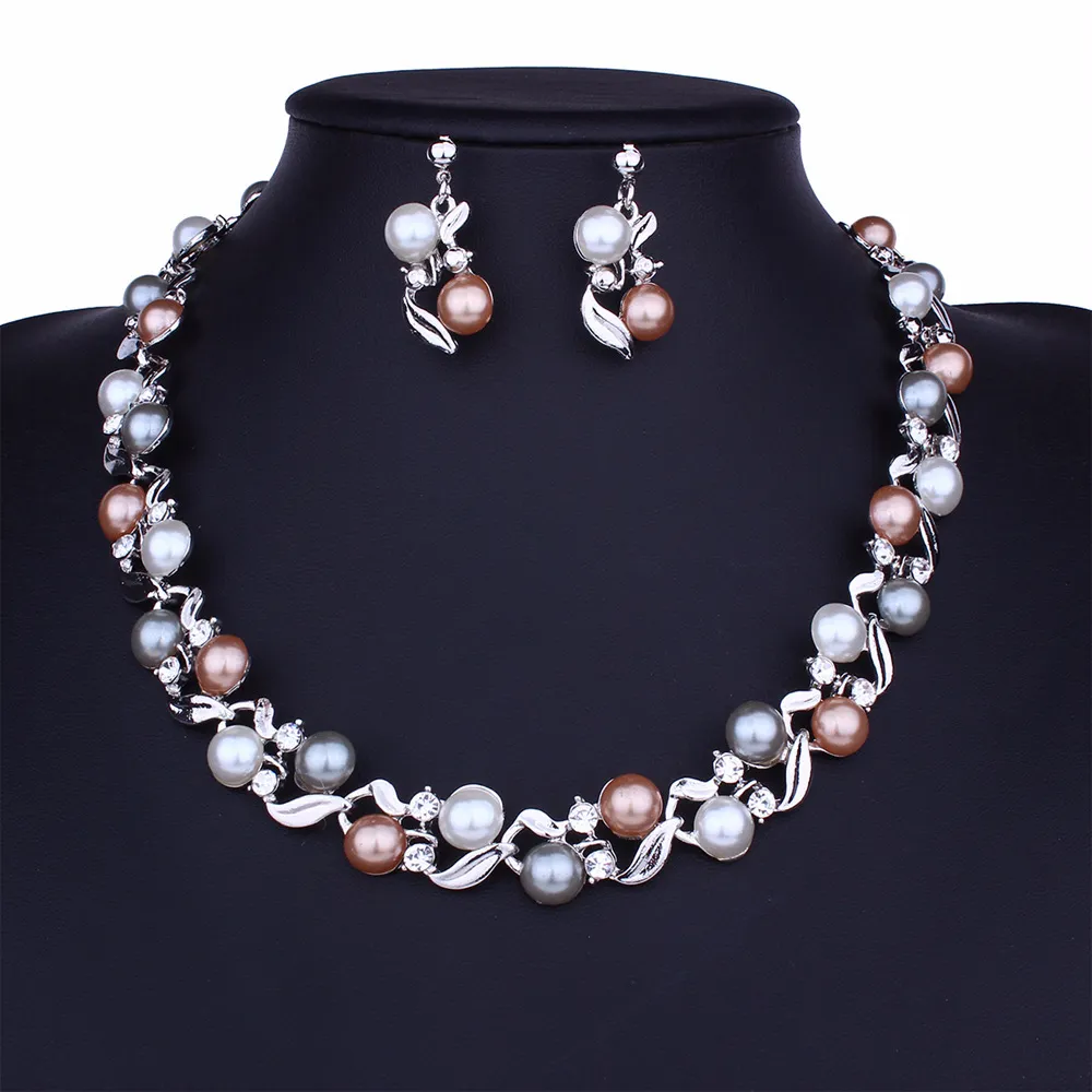 Colorful Pearl Necklace Earrings Jewelry Set Vintage Alloy Leaves Statement Chokers Bridal Wedding Accessories Collar Party gift