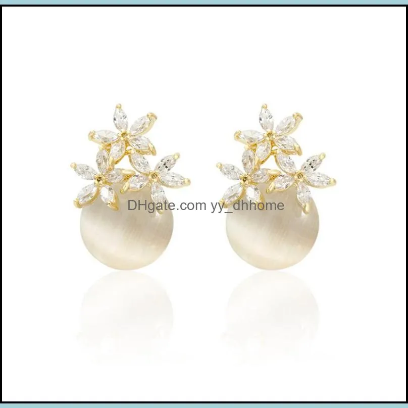 Zircon Flower Ear Studs Artificial Cat Eye Stone Alloy Stud Fashion Women Gold Plated Earrings 3 08ll L2