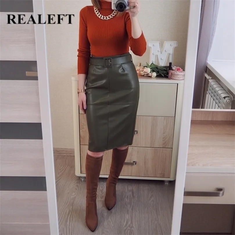 REALEFT PU Leather Wrap Midi Skirts with Belt Spring Autumn Women High Waist OL Style Pencil Back Split Female 220317