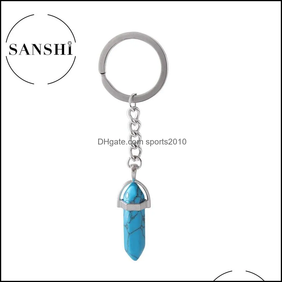 natural stone key rings hexagonal prism keychains healing blue rose crystal car decor keyholder for women men