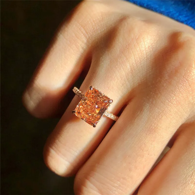 Högkvalitativ 925 Sterling Silver LuxuriousJewelry Rings 8a Ice Flowers Rose Gold Square Zirconia Designer Ring for Woman Orange Diamond Wed Ring med presentförpackning Storlek 6-9