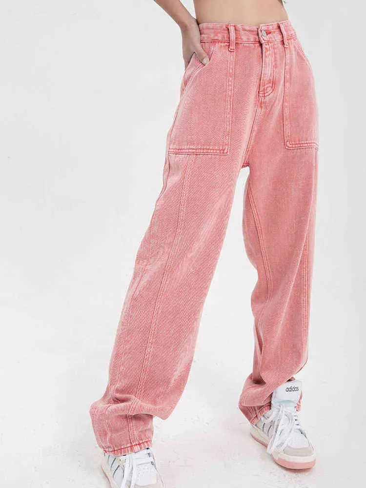 Pink Simple Jeans Women's Spring Autumn New Fashion Y2K Baggy Wide Leg  Denim Pants Streetwear Loose Straight Leg Trousers Female T220728