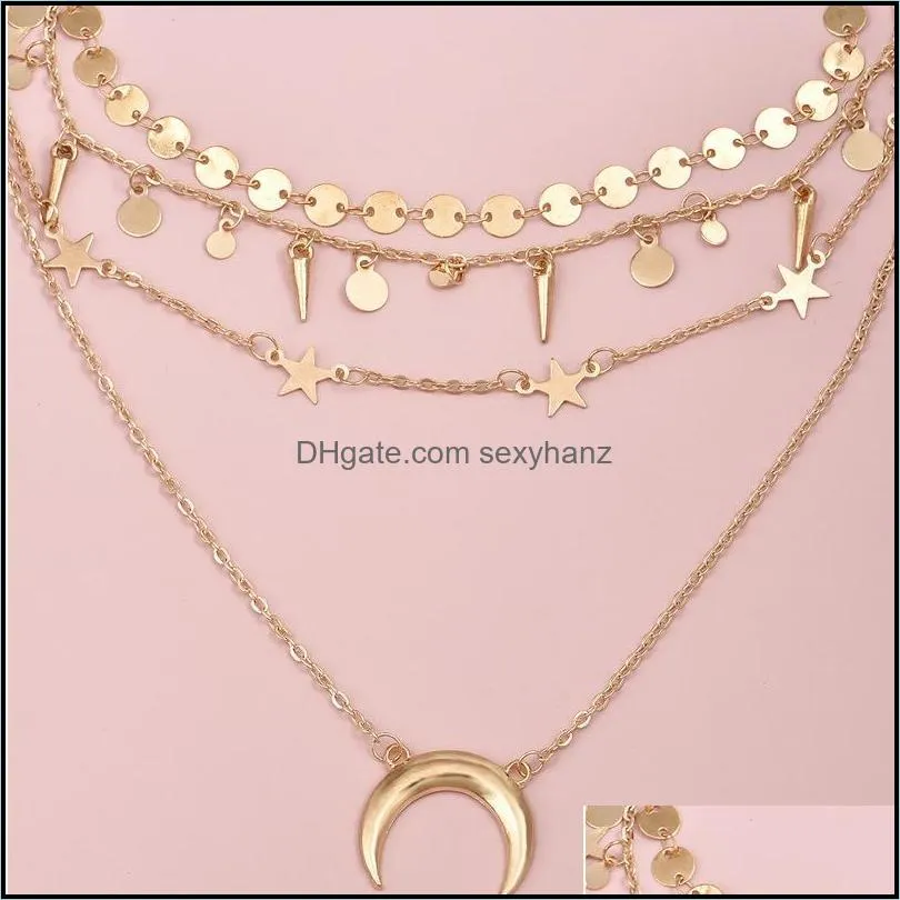 Bohemian Moon Star Sequins Pendant Necklace for Women MultiLayer Gold Chain Chokers Necklace Jewelry Accessories