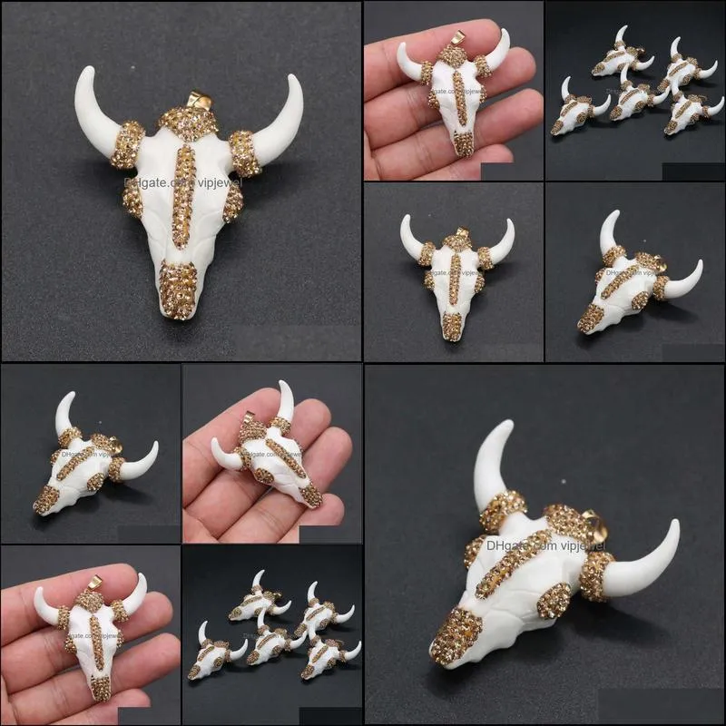 Pendant Necklaces White Bull Bone Pendants Cow Head Skull Charms With Crystal Rhinestone For DIY Necklace Jewelry Making GiftPendant