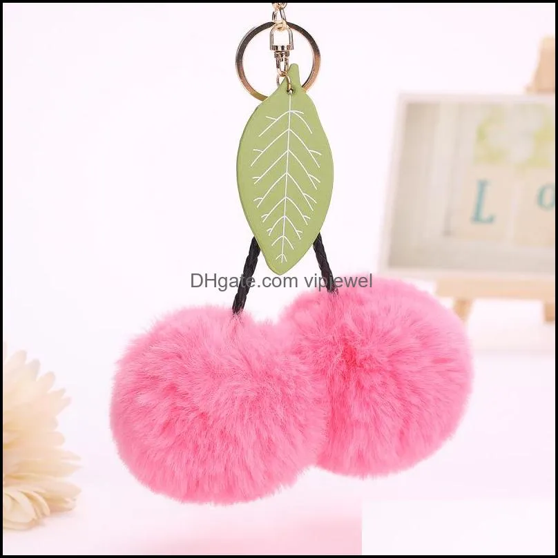 cute cherry key chain pendant leaf keyring faux rabbit fur ball pompom fruit keychains women bag charms jewelry 15 styles d474q