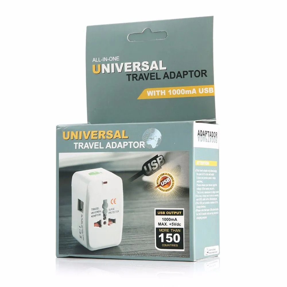 Universal International Adaptor All in One Travel AC Power Wall  2 USB Port For EU US UK AU Converter Plug with Retail Package