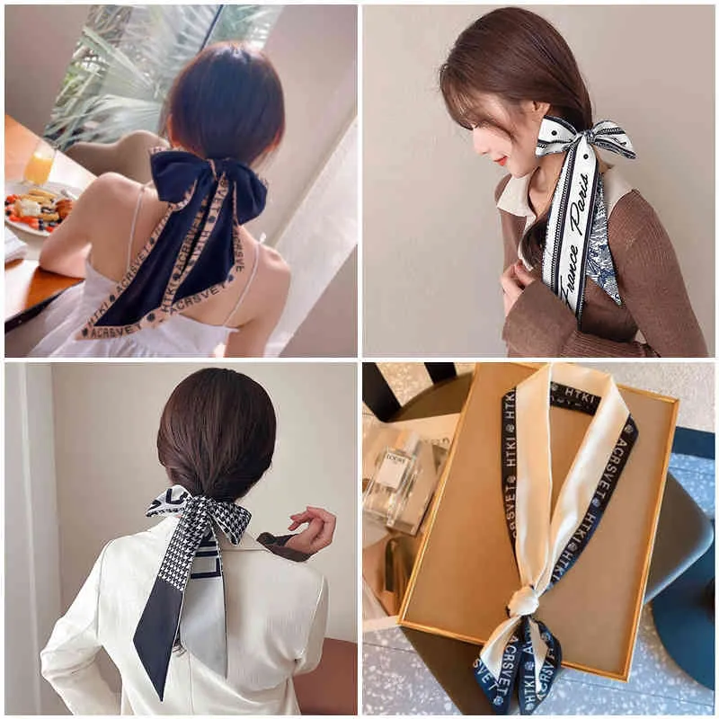 French Houndstooth Silk Scarf Retro Feminine Temperament Bundled Long Ribbon Headband Bow Hair Accessories FQ-80