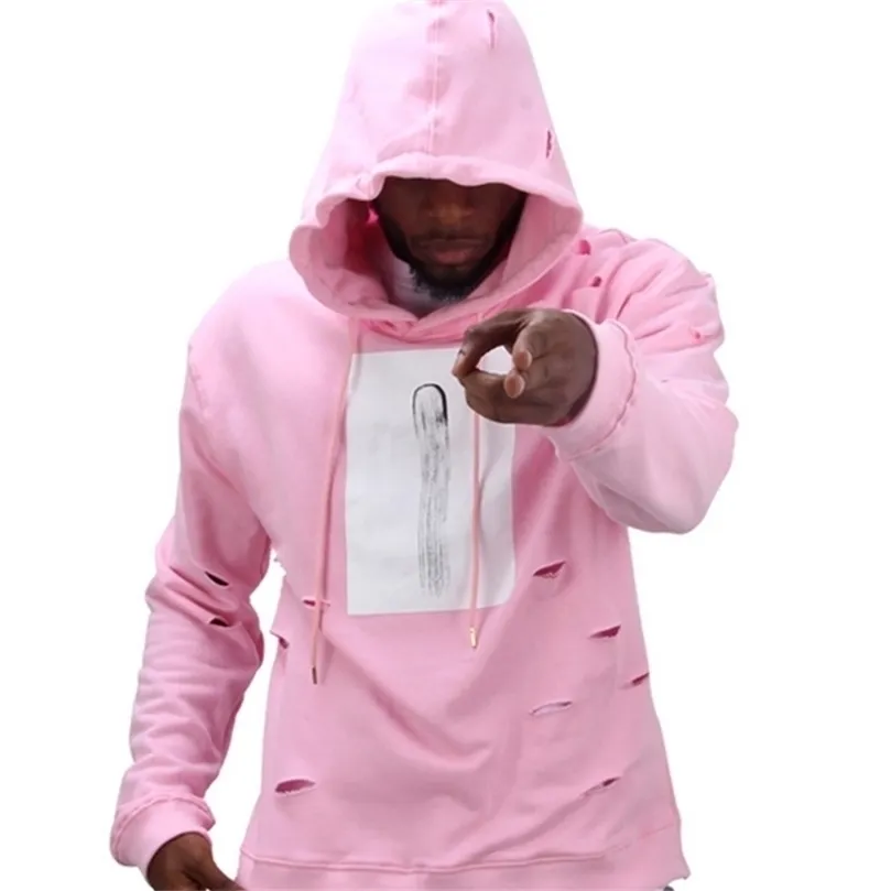 Mens Hip Hop Pink Hoodies Sweatshirts Tracksuit Men with the Hole Hoodies Men Fashion Set Winter Man Street Wear 201126