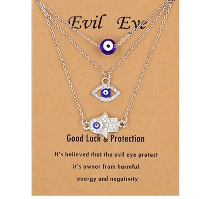 3pcs/set Hamsa Evil Checklace Turkish Blue Eye Hand Collares Posteo de protección de la suerte Regalo para mujeres Mayoristas