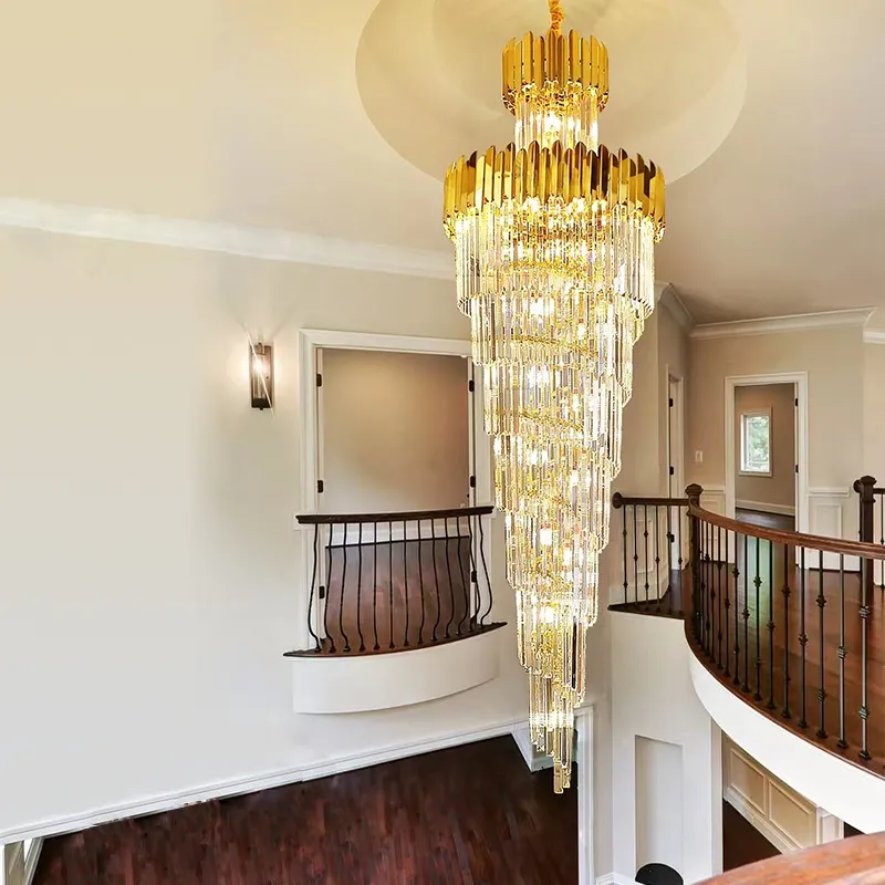 Grand lustre en cristal de luxe lampes LED suspendues châssis d'éclairage en métal doré pour Loft escalier hall Villa salon décor