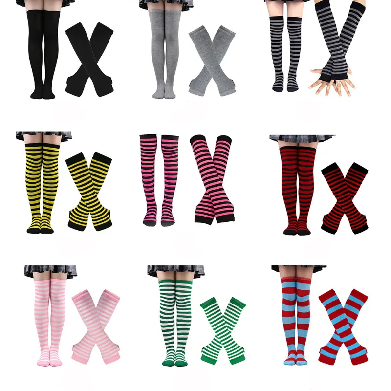 Long Fingerless Mittens Stretchy Knee High Socks Set With Striped Arm