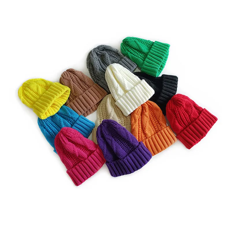M450 Autumn Winter Kids Knitted Hat Twist Candy Color Skull Caps Children Warm Beanies Boys Girls Casual Hats