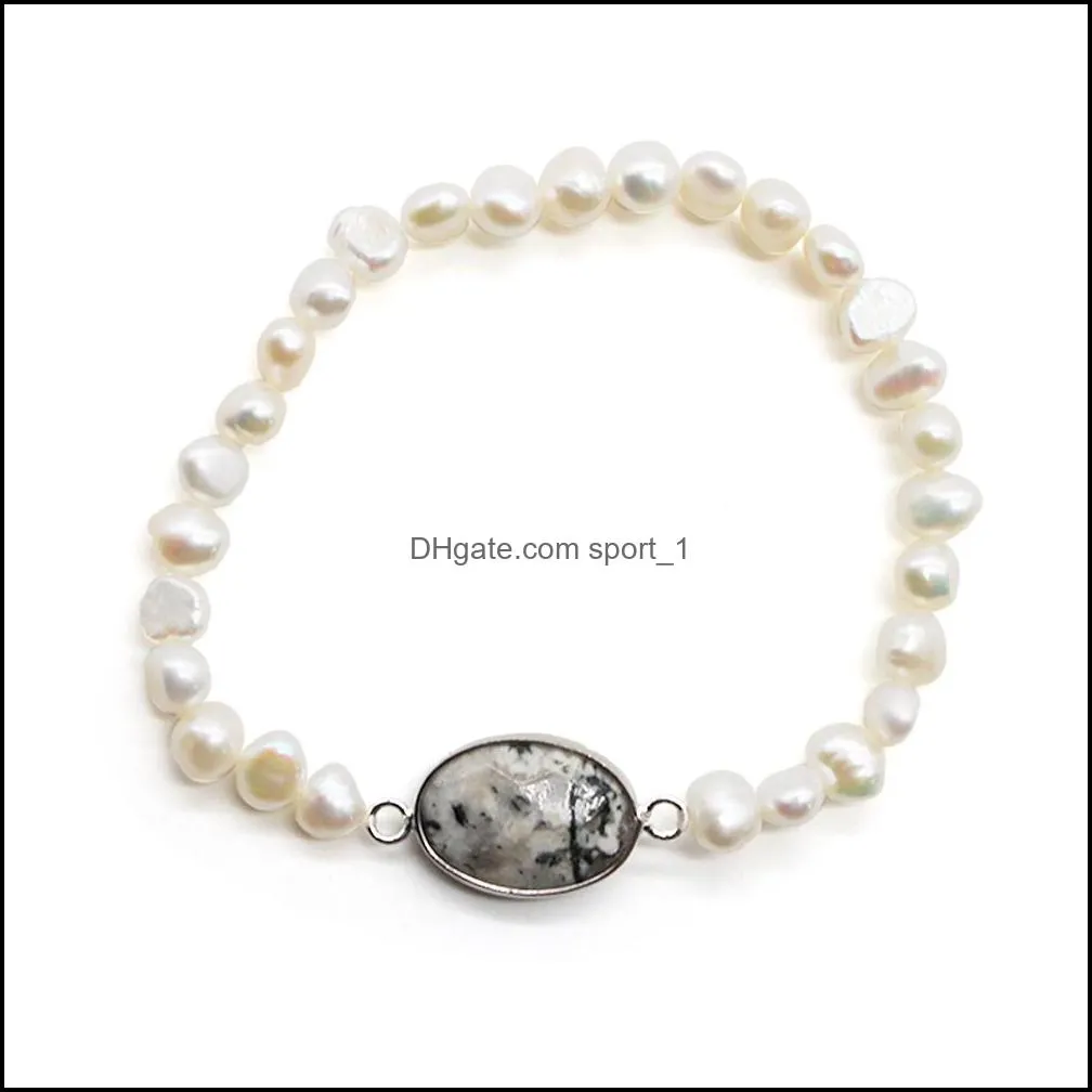 Freshwater Pearl Bracelet Strand Stretched Bangle with Oval Stone Charm Love Wish for Women Jewelry