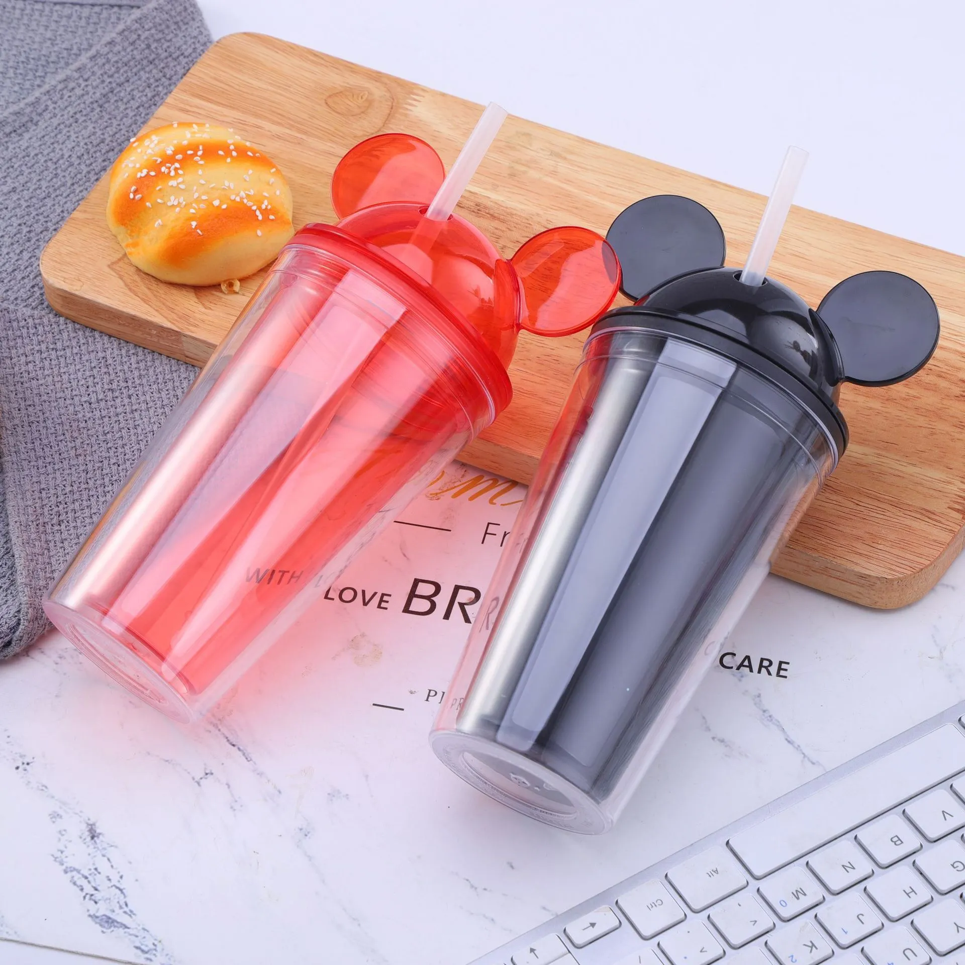 8 Colors 15oz Acrylic Tumbler With Dome Lid Plus Straw Double Wall Clear Plastic Tumblers with Mouse Ear Reusable cute drink cup lovely