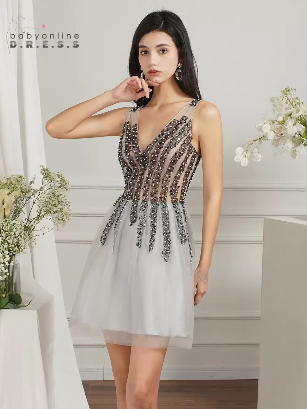 Sequins Tulle Mini Short Cocktail Party Dresses 2022 Women A-line V-neck Sleeveless Pearls Elegant Female Homecoming Prom Evening Gowns Vestidos cps3005