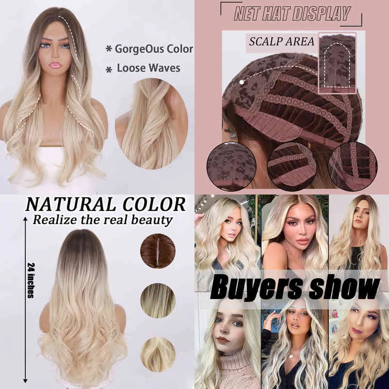 Nxy Long Wavy Wig Synthetic Ombre Light Blonde Platinum Middle Part Hair Natural Heat Resistant Cosplay s for Women 220622