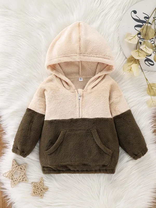 Toddler pojkar färgblock halv zip flanell hoodie hon