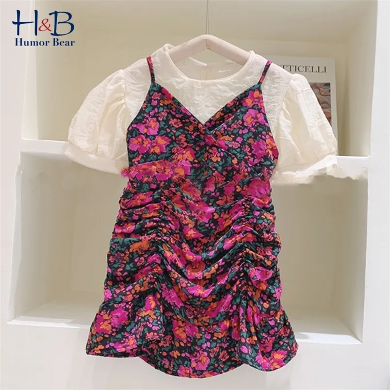 Humor Bear Girls Clothes Set Summer Fashion Short Sleeve Top Sling Floral Dress 2st Toddler Kids 220620