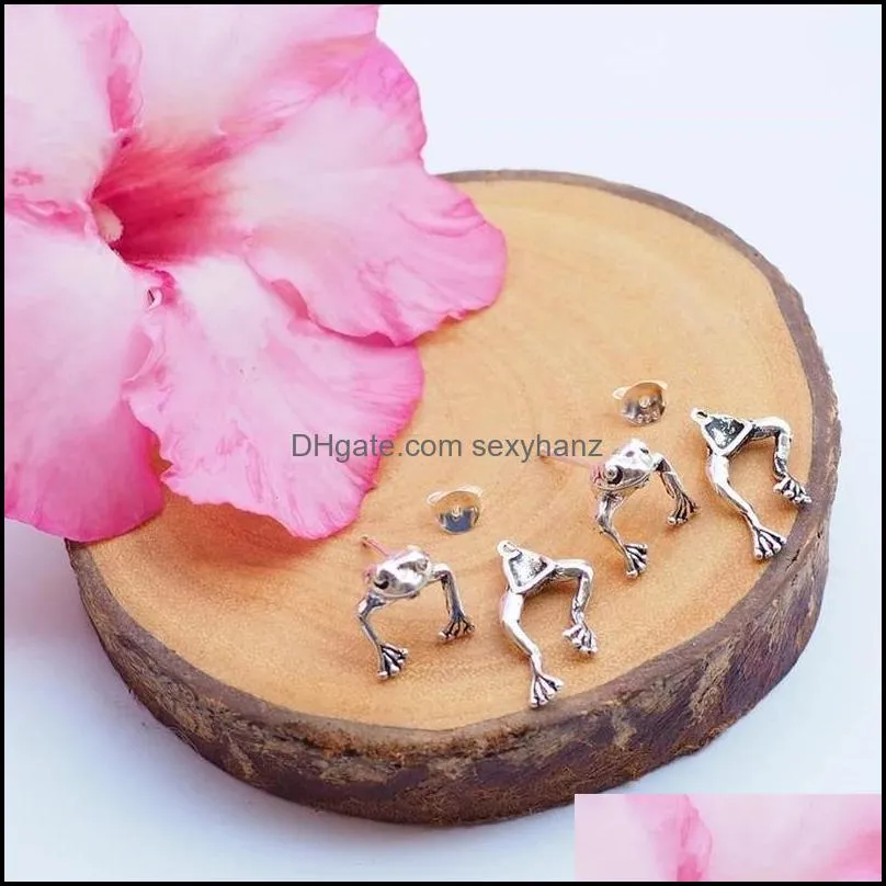 Fashion Silver Color Cute Frog Stud Earring For Men Women Retro Animal Dangler Ear Jewelry Gift