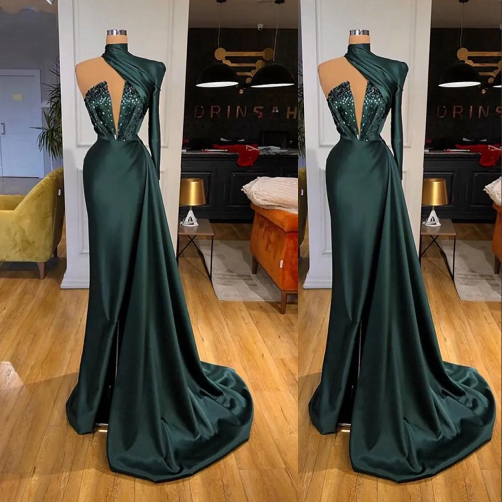 2022 Sexy Dubai Elegant Emerald Green Mermaid Abendkleider Tragen lang Ärmeln hohe Nackenperlen Kristalle Split Frauen formal
