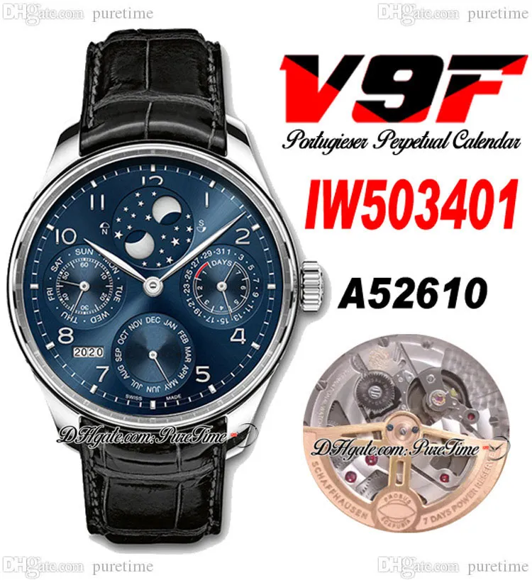 V9F 503312 PERPETUAL KALENDER A52610 Automatische heren Watch stalen blauwe wijzerplaat zilvermarkers Maanfase Power Reserve Zwart Leather Riem Super Edition Puretime E5