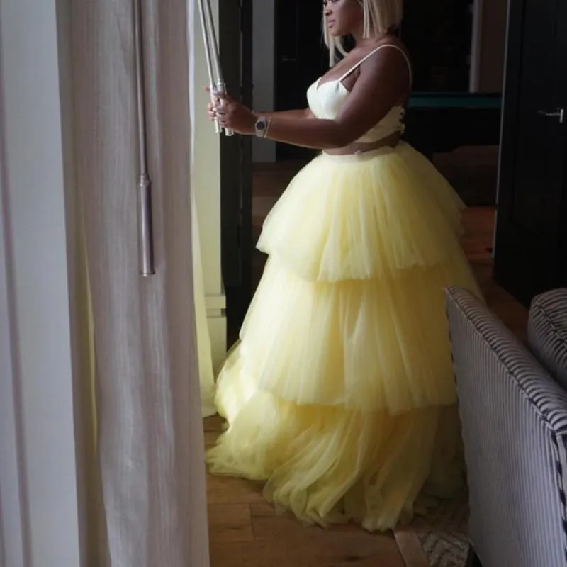 스커트 노란색 무성한 주름 통로 계층 얇은 명주 그럴리 볼 가운 신부 패션 긴 여성 스커트 웨딩 커스텀 스커트 스커트