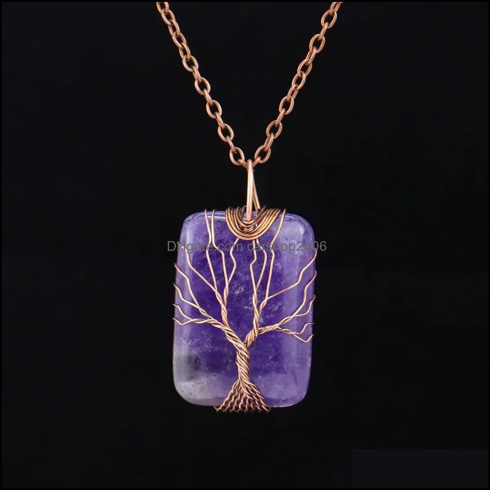 healing crystal natural stone rectangle charms necklaces twine tree of life wire wrap pendant turquoise tiger eye rose carshop2006