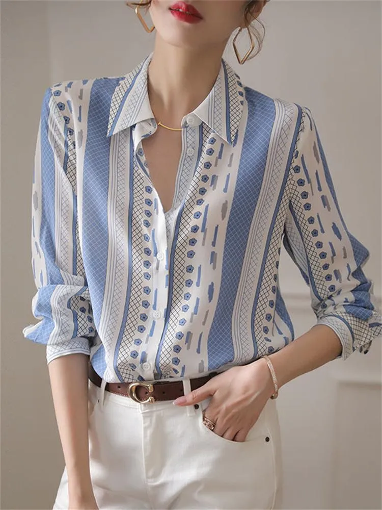 Damenblusen, Hemden, Frühling, Kontrastfarbe, Blau und Weiß, vertikales Chiffon-Hemd, Langarm-Design, Bluse für Frauen, Hemd im koreanischen Stil