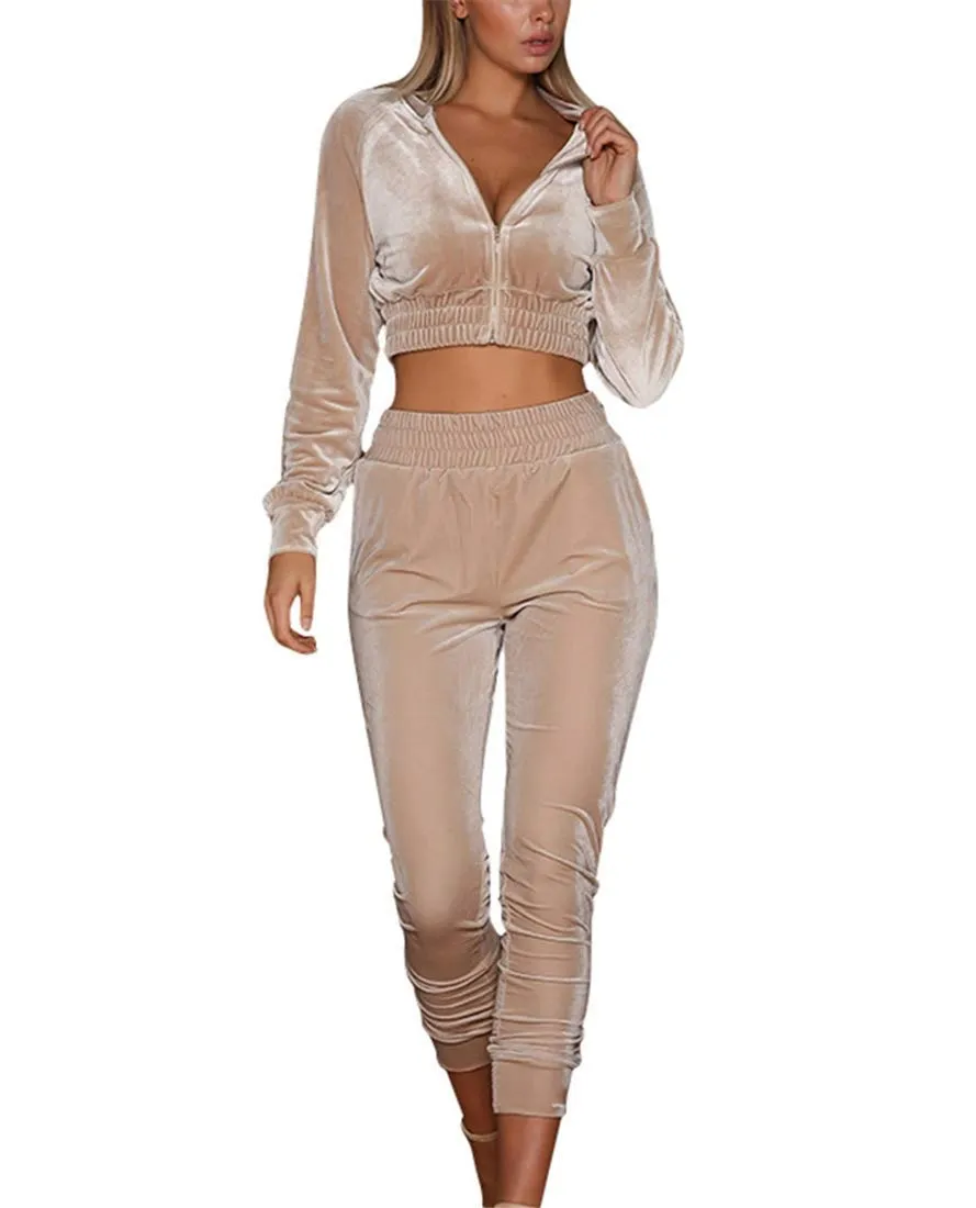 Survêtements femmes deux pièces velours tenue de sport automne à manches longues fermeture éclair veste et pantalon beige ensemble de velours pour femme costume de sport taille XL