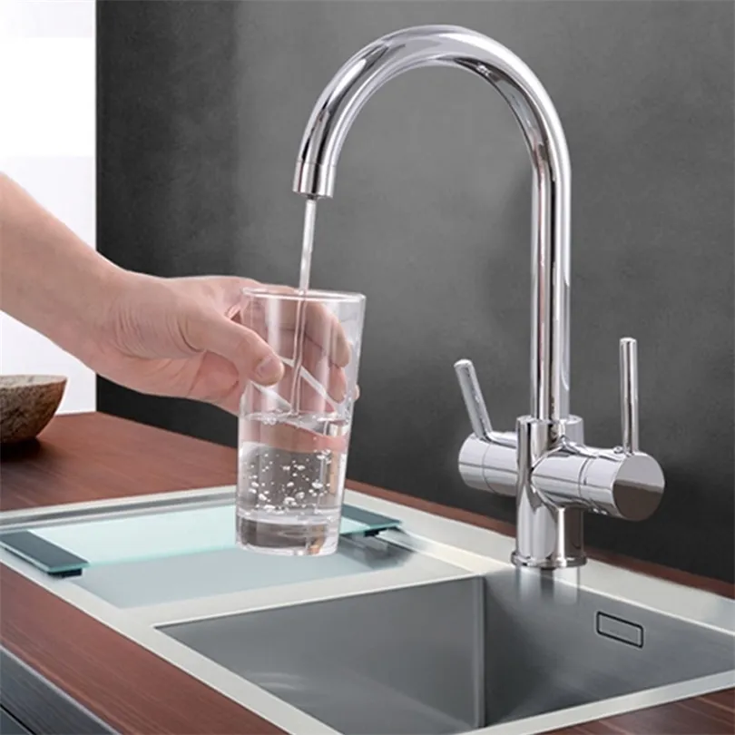 Trinkwasseraufbereitungshahn BeigeChrom Küchenspüle Wasserhahnmischer Design 360-Grad-Drehung gefilterter Küchenarmatur T200424