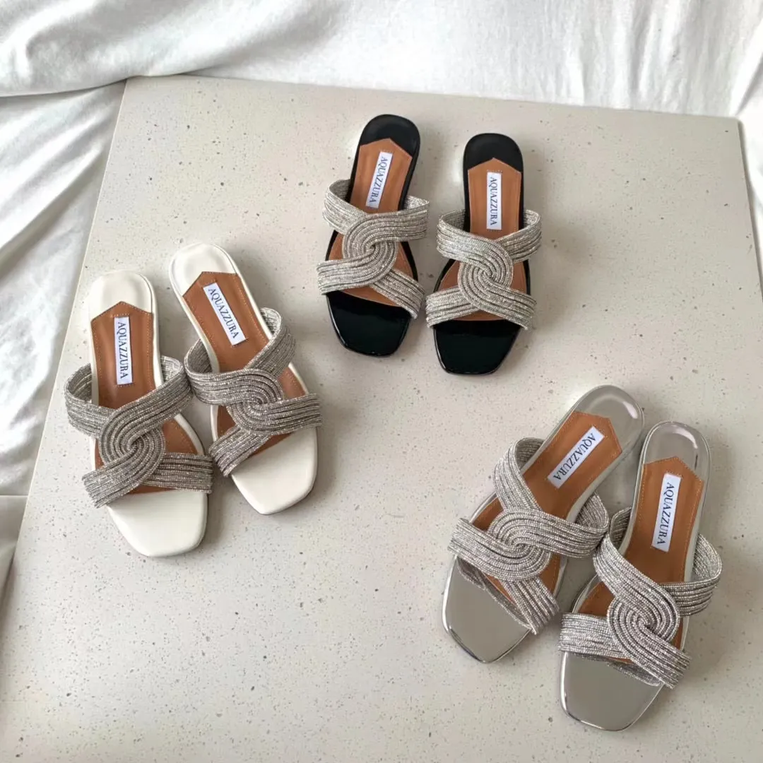 Aquazzura kvinnor tofflor högkvalitativ ny designer sandaler bröllop klänningskor skum glider set auger slingback party strand utomhus platt toffel med låda