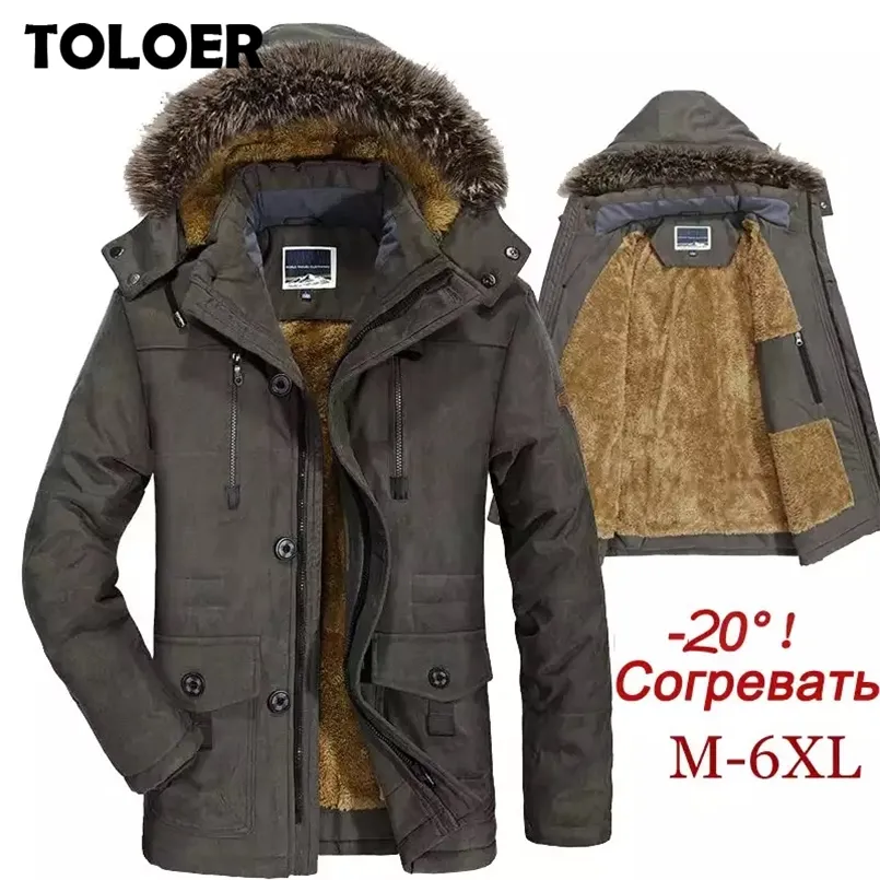 Vinter jacka män plus storlek 5xl 6xl bomull vadderad varm parka päls casual faux päls hooded fleece lång male jacka windbreaker män 220406